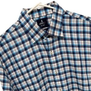 Johnnie-O Top Shelf Men Large Blue Plaid Tencel Cotton Stretch Button Down Shirt